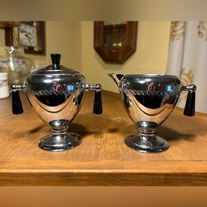Keystoneware Art Deco Lidded Sugar Bowl & Creamer w/Bakelite Handles 1930-1945